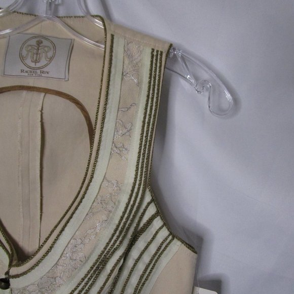 RACHEL ROY Fitted Vest Asymmetric Hem Lace Metallic Rope Beige Cotton Size 4 - Picture 3 of 9